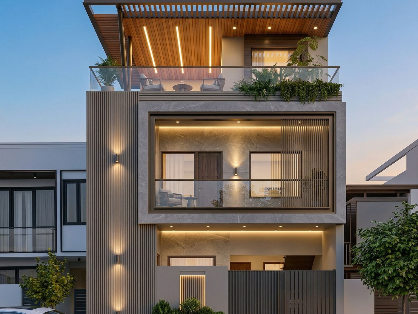 Stone & Teak Elevation — Exterior design